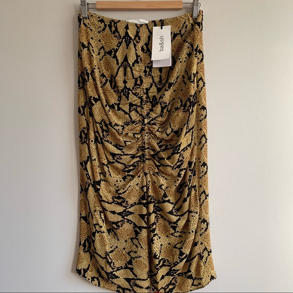 BA&SH Carry Snake skin print midi ruched skirt Ochre - Picture 8 of 15